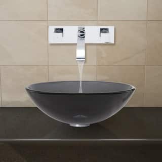 VIGO Sheer Black Glass Vessel Sink and Chrome Wall Mount Faucet Set