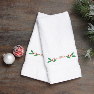 Embroidered Holly Holiday Turkish Cotton Hand Towels (Set of 2)