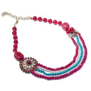 Kramasa Red and Blue Starburst Bead Kundan Multi-strand Necklace (India)