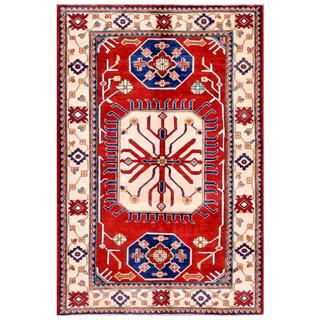 Herat Oriental Afghan Hand-knotted Kazak Red/ Ivory Wool Rug (4'10 x 7'2)