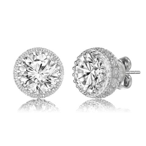 Collette Z Sterling Silver with Rhodium Plated Clear Round Cubic Zirconia Stud Earrings