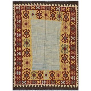 Herat Oriental Afghan Hand-woven Kilim Light Blue/ Charcoal Wool Rug (4'10 x 6'4)