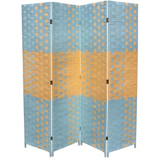 Hand-crafted 4-panel Beach Blue/ Natural Paper Straw Weave Screen