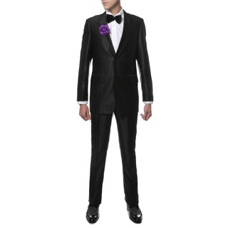 Ferrecci Mens Slim Fit Shiny Black Sharkskin Suit