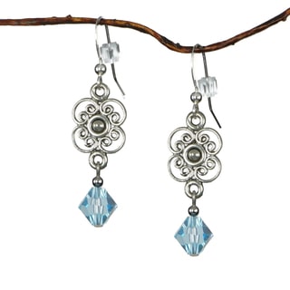 Jewelry by Dawn Pewter Four Petal Filigree Aquamarine Crystal Drop Earrings