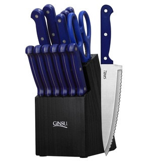 Ginsu Essential Series 14-Piece Stainless Steel Serrated Knife Set  Cutlery Set with Blue Kitchen Knives, Black Block