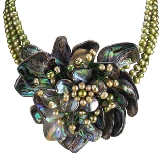 Handmade Phenomenal Abalone Water Lily Lotus Pearl Floral Necklace (Thailand)