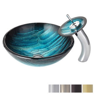 KRAUS Ladon Glass Vessel Sink in Blue with Waterfall Faucet in Oil Rubbed Bronze
