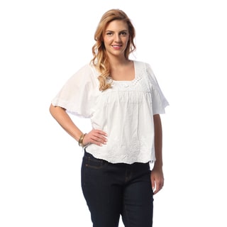 La Cera Women's Plus Size White Cotton Top with Hand-crocheted Neckline