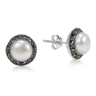 Handmade Vintage Pearl Round Marcasite .925 Silver Post Earrings (Thailand)