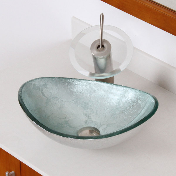 Elite 1412 Unique Oval Artistic Silver Tempered Glass Bathroom Vessel Sink
