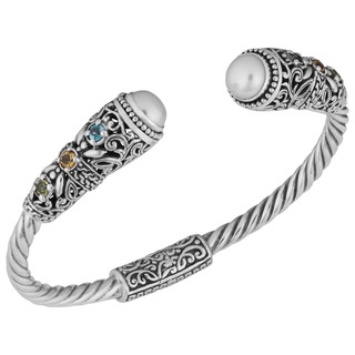 Sterling Silver 7.5 mm Freshwater Pearl Multi-gemstone 'Balinese Gust' Cuff Bracelet (Indonesia)