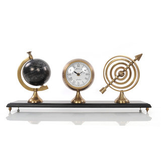 Armillery/ Clock and Globe On Wood Base