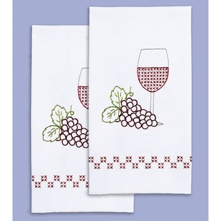 Stamped White Decorative Hand Towel 17inX28in One Pair-Wine & Grapes