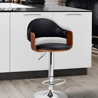 Adeco Black Leathette and Walnut-colored Wood Adjustable Swivel Barstool Chair with Chrome Base