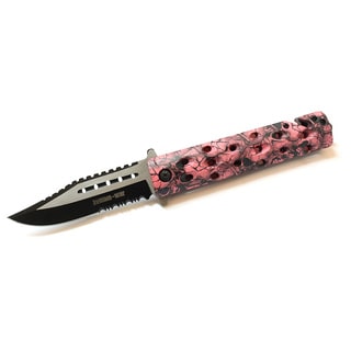 Defender 7668 Zombie War Pink/ Black Skull Design Spring Assisted Knife with Belt Clip and Glass Breaker