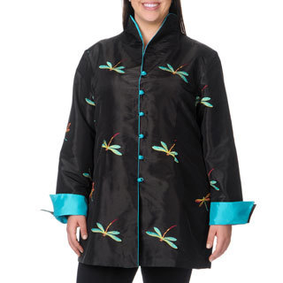 La Cera Women's Plus Size Long Sleeve Black/ Blue Dragonfly Jacket