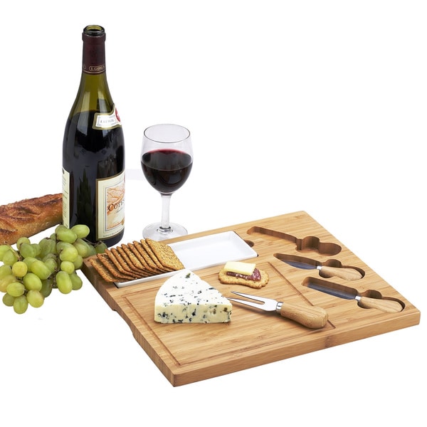 Picnic at Ascot Celtic Bamboo Cheese Board Set with Ceramic Dish and 3 Cheese Tools - Brown