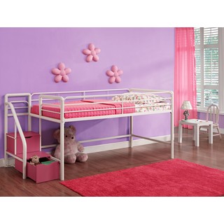 DHP Junior Pink and White Twin Loft Bed with Storage Steps
