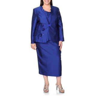 Giovanna Plus Size Blue Rhinestone Floral 3-piece Skirt Suit