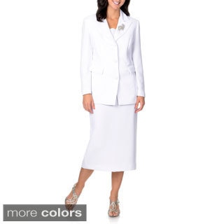 Giovanna Signature Women's Rhinestone Lapel Broached 2-piece Skirt Suit