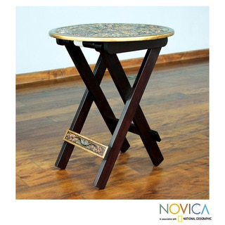 Handcrafted Mohena Wood Leather 'Andean Birds' Folding Table (Peru)