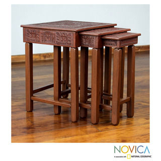 Set of 3 Mohena Wood Leather 'Inca Light' Accent Tables (Peru)