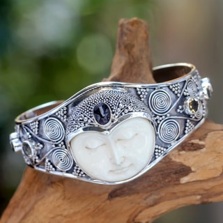 Imperial Woman Ornate Carved Bone with Multi Gemstone 925 Sterling Silver Womens Cuff Bracelet (Indonesia)