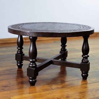Artisan Leaves Rich Dark Brown Hand Tooled Leather and Mahogany Wood Accent End Table (Peru)