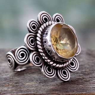 Handcrafted Sterling Silver 'Indian Sun' Citrine Cocktail Ring (India)