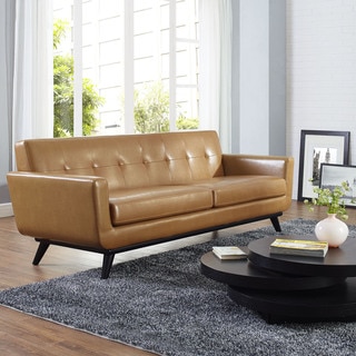 Engage Tan Leather Mid Century Sofa