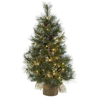 3 ft Christmas Tree w/Clear Lights, Frosted Tips, Pine Cones & Burlap Bag
