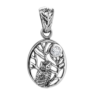 Night Owl on Branch Cubic Zirconia Moon .925 Silver Pendant (Thailand)