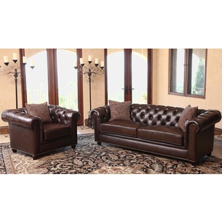 Abbyson Carmela Chesterfield Premium Top Grain Leather Sofa and Armchair Set