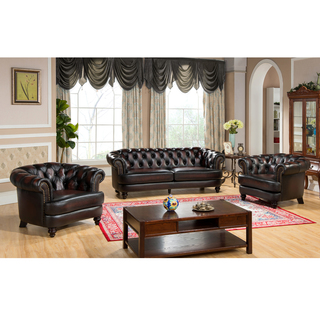Moore Hand Rubbed Tufted Brown Chesterfield Top Grain Leather Sofa and Two Chairs