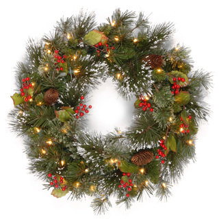 24-inch Wintry Pine Wreath with Clear Lights