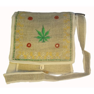 Handmade Bohemian Cannabis Leaf Embroidered Hemp Shoulder Bag (Nepal)