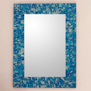Silver Beach Shades of Turquoise White and Blue Glass Tile Mosaic Contemporary Accent Vertical or Horizontal Wall Mirror (India)