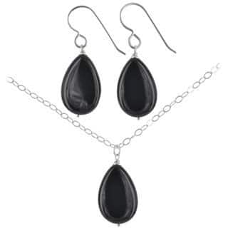 Ashanti Sterling Silver Black Onyx Gemstone Handmade Earrings and Necklace Set (Sri Lanka)