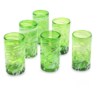 Set of 6 Handmade Glass 'Festive Green' Drinking Glasses (Mexico)