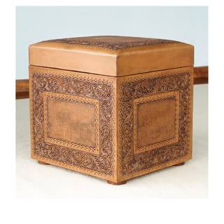 Golden Colonial Ivy Decorator Accent Brown and Tan Hand Tooled Leather with Padded Top Cube Storage Ottoman (Peru)