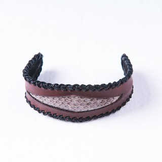 Snakeskin Side Stitched Brown Genuine Leather Cuff Bracelet (Thailand)