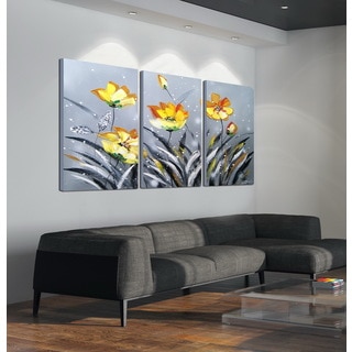 'The Blooming Yellow Flowers' 3-piece Hand-painted Gallery-wrapped Canvas Art Set