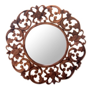 Handcrafted Suar Wood 'Balsamina Buds' Wall Mirror (Indonesia)