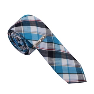 Skinny Tie Madness Men's Cotton Plaid Skinny Tie with tie clip