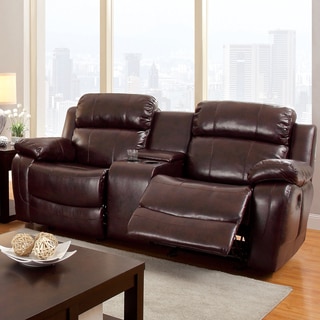 Furniture of America Menezi Brown Bonded Leather Reclining Loveseat with Console