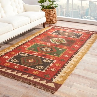 Indo Flat Weave Tribal Red/ Gold Jute Area Rug (2' x 3')