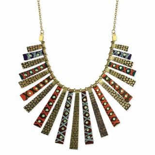 Handmade Goldtone Embossed and Thread Wrapped Crystal Studded Bib Necklace (India)