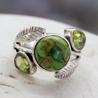 Handmade Sterling Silver Green Ivy Turquoise Peridot Cocktail-Cluster Style Ring (India)