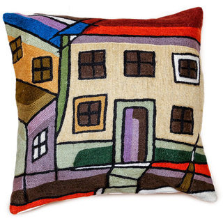 Handmade Town Square Wool Embroidered Accent Pillow Cover (India)